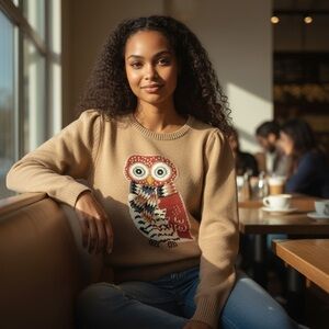 Winter OWL JACQUARD SWEATER PULLOVER from Talbots size small Caramel